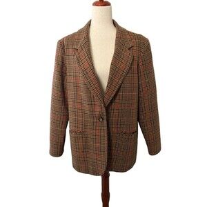 Vintage Womens 14 Wool Blend Plaid Blazer Brown Grandpa Boyfriend Academia